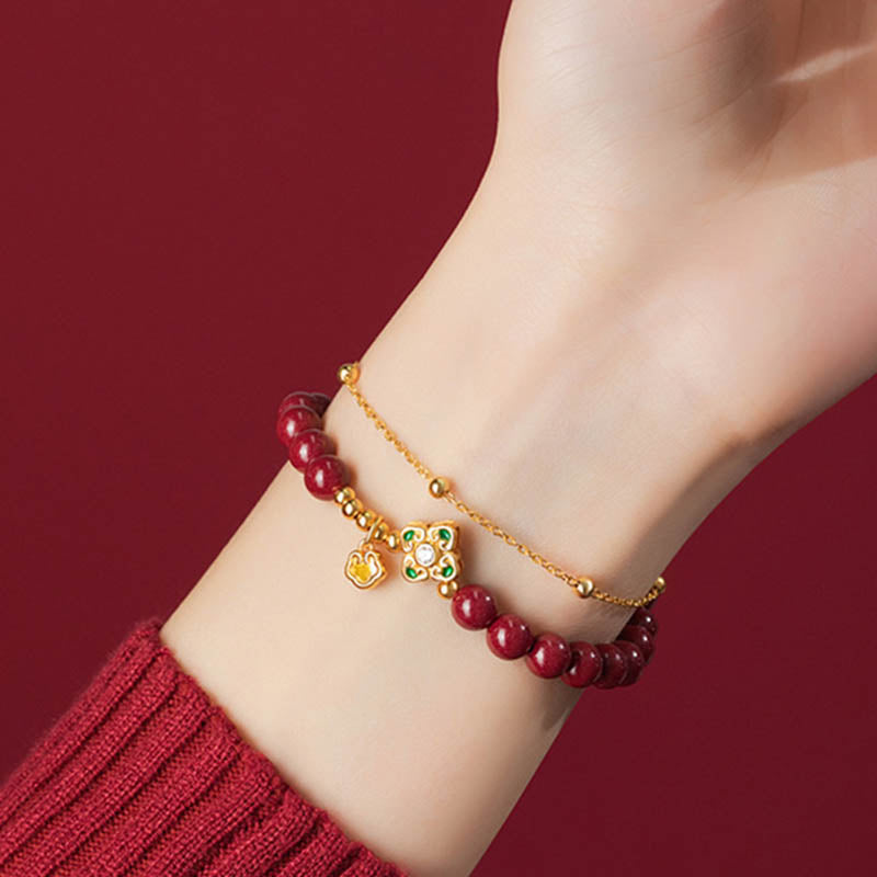 Cinnabar Four Leaf Clover Chain Bracelet in 925 Silver