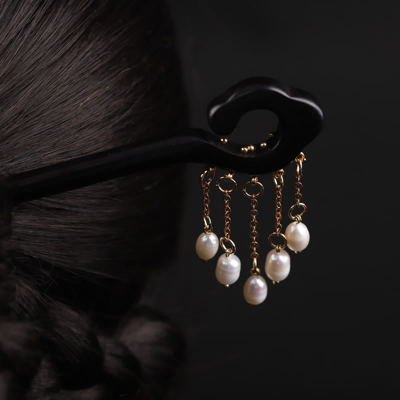 Épingle à cheveux chinoise en ébène avec pompon en perles pour la protection et la sagesse