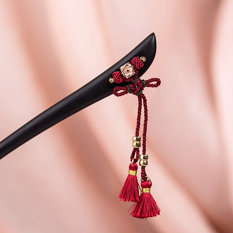 Épingle à cheveux en ébène avec pompon en ficelle rouge pour la protection et la chance