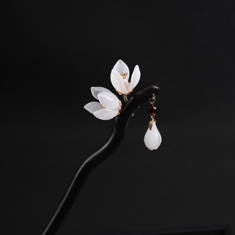 Épingle à cheveux chinoise en pétales de fleur de magnolia ébène, bénédiction