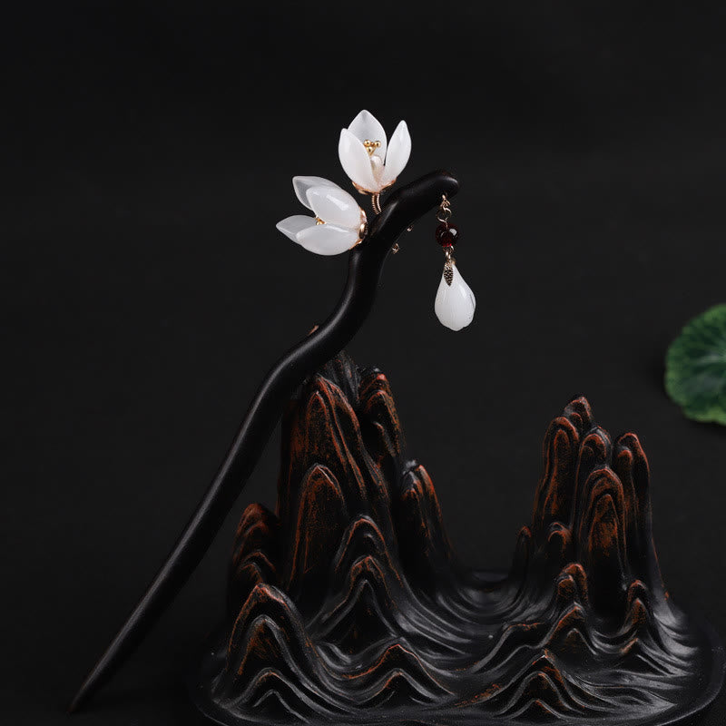 Épingle à cheveux chinoise en pétales de fleur de magnolia ébène, bénédiction