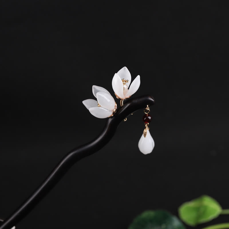 Épingle à cheveux chinoise en pétales de fleur de magnolia ébène, bénédiction