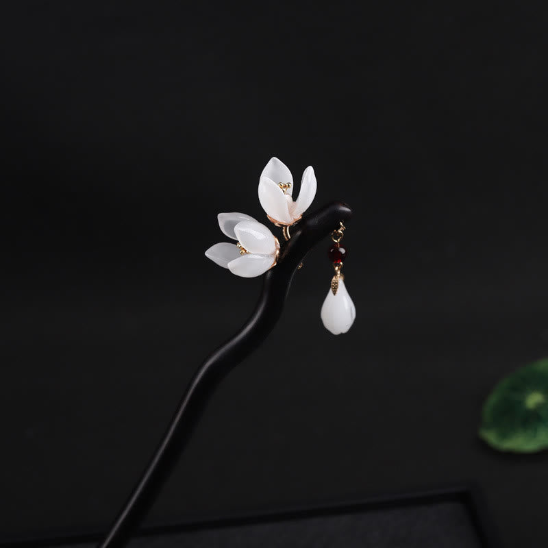Épingle à cheveux chinoise en pétales de fleur de magnolia ébène, bénédiction
