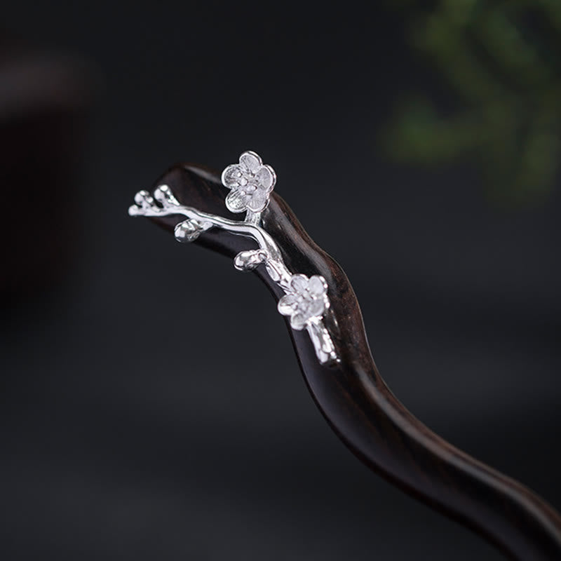 Épingle à cheveux chinoise en argent sterling 925 avec fleur de prunier en ébène