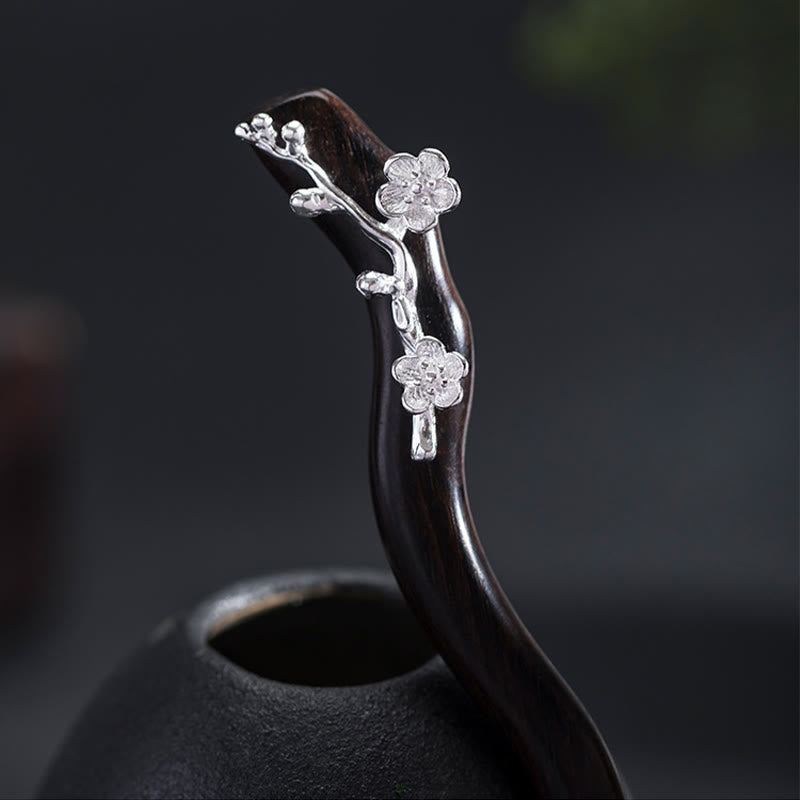Épingle à cheveux chinoise en argent sterling 925 avec fleur de prunier en ébène