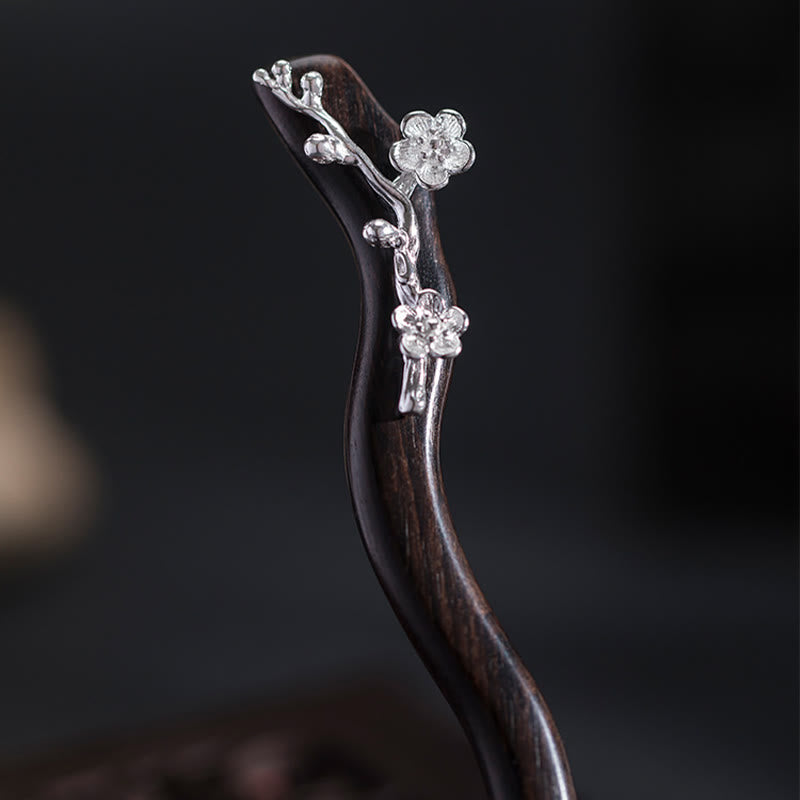 Épingle à cheveux chinoise en argent sterling 925 avec fleur de prunier en ébène