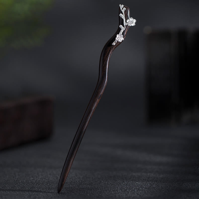 Épingle à cheveux chinoise en argent sterling 925 avec fleur de prunier en ébène