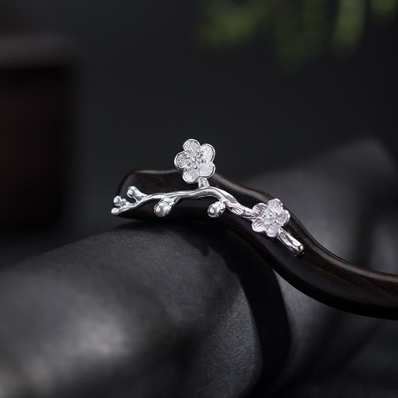 Épingle à cheveux chinoise en argent sterling 925 avec fleur de prunier en ébène