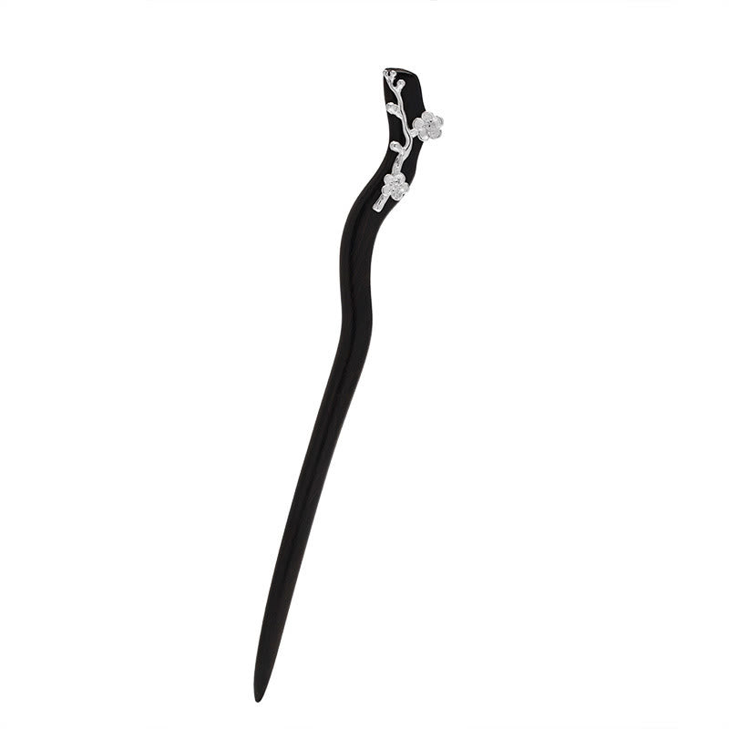 Épingle à cheveux chinoise en argent sterling 925 avec fleur de prunier en ébène