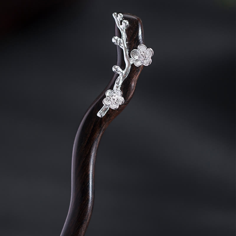 Épingle à cheveux chinoise en argent sterling 925 avec fleur de prunier en ébène