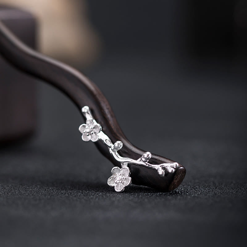 Épingle à cheveux chinoise en argent sterling 925 avec fleur de prunier en ébène