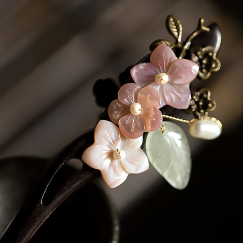Épingle à cheveux en coquillage d'ébène avec fleur de bénédiction | Épingles à cheveux chinoises