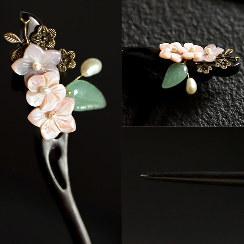 Épingle à cheveux en coquillage d'ébène avec fleur de bénédiction | Épingles à cheveux chinoises