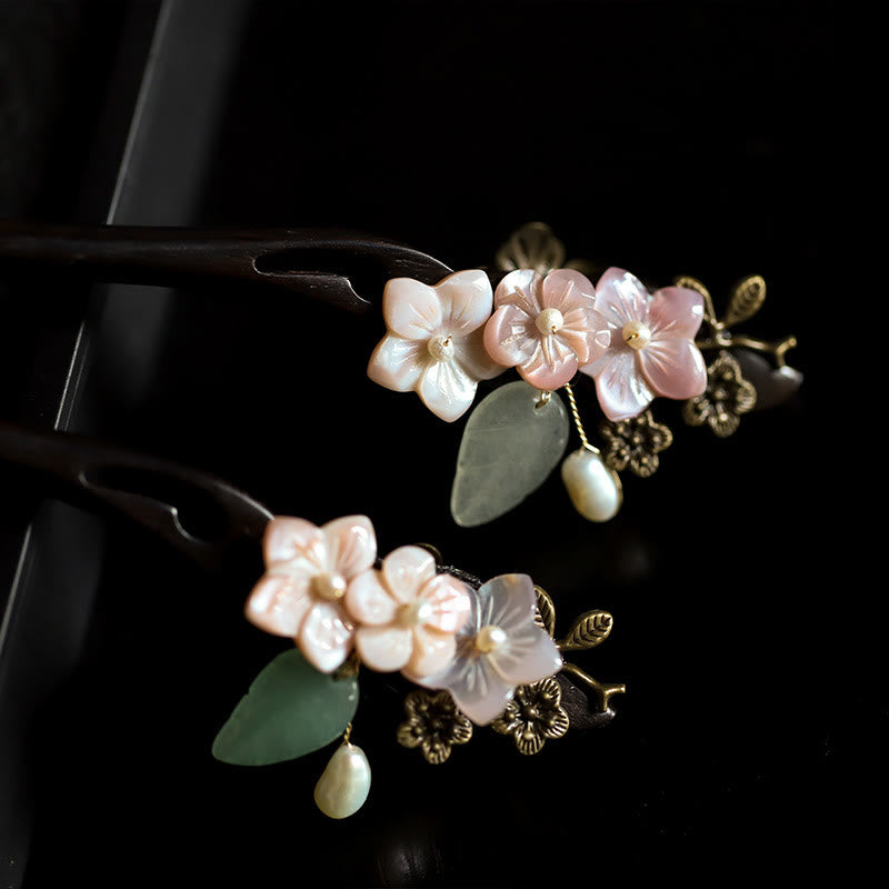 Épingle à cheveux en coquillage d'ébène avec fleur de bénédiction | Épingles à cheveux chinoises