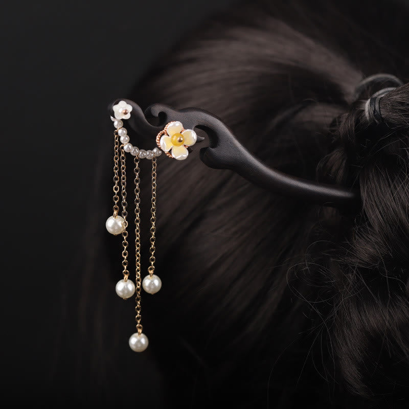 Épingle à cheveux chinoise en nacre d'ébène et perles
