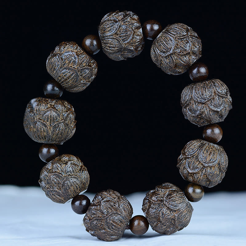 Bracelet d'équilibre en bois d'ébène avec dragon lotus et arhats