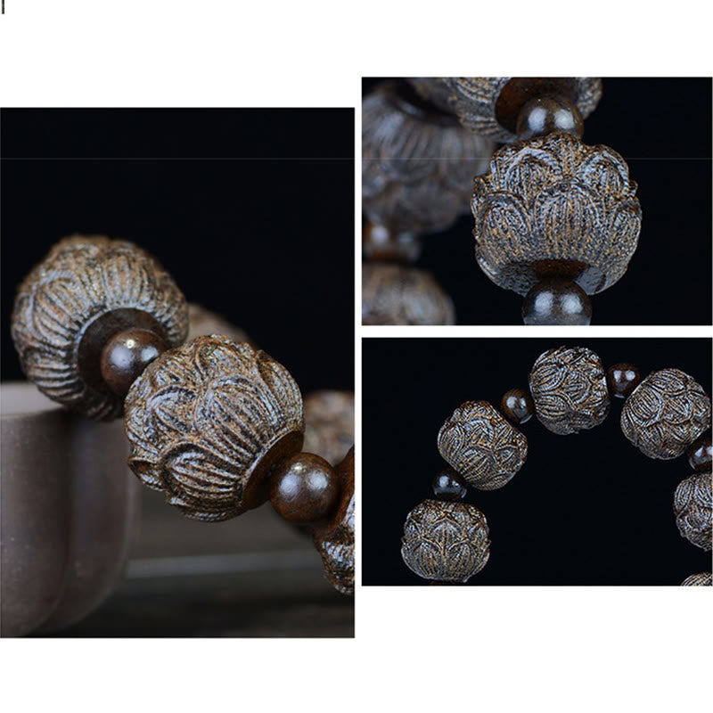 Bracelet d'équilibre en bois d'ébène avec dragon lotus et arhats
