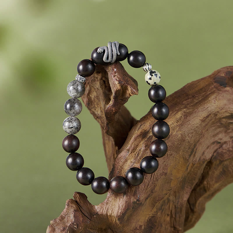 Bracelet d'équilibre en bois d'ébène et quartz rutile noir 10 mm