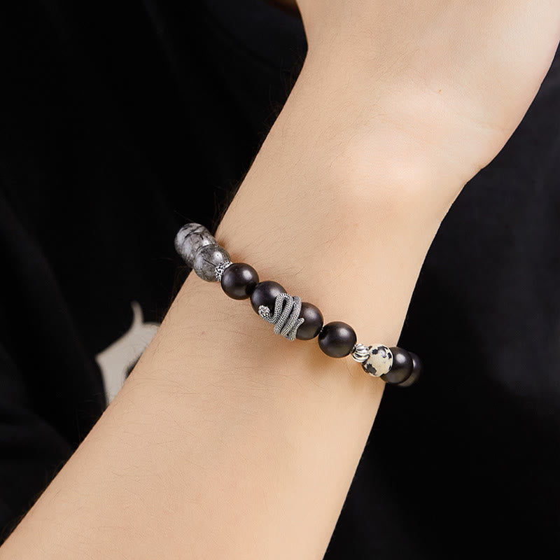 Bracelet d'équilibre en bois d'ébène et quartz rutile noir 10 mm
