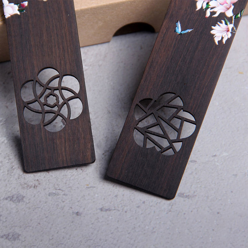 Marque-page papillon et fleur en bois d'ébène pour décoration zen