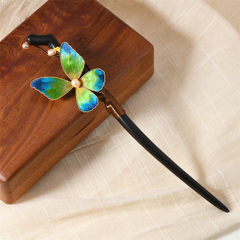 Épingle à cheveux papillon en bois d'ébène et perles | Élégance traditionnelle chinoise
