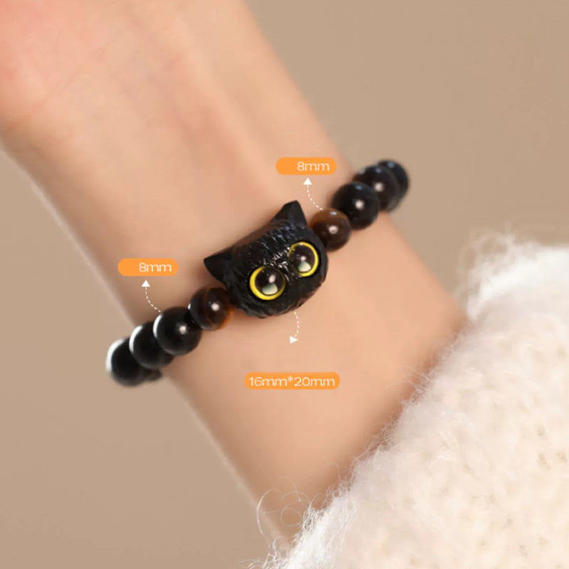 Bracelet tête de chat en bois d'ébène 8 mm pour la paix et l'équilibre