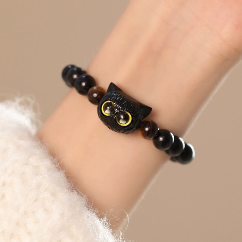 Bracelet tête de chat en bois d'ébène 8 mm pour la paix et l'équilibre