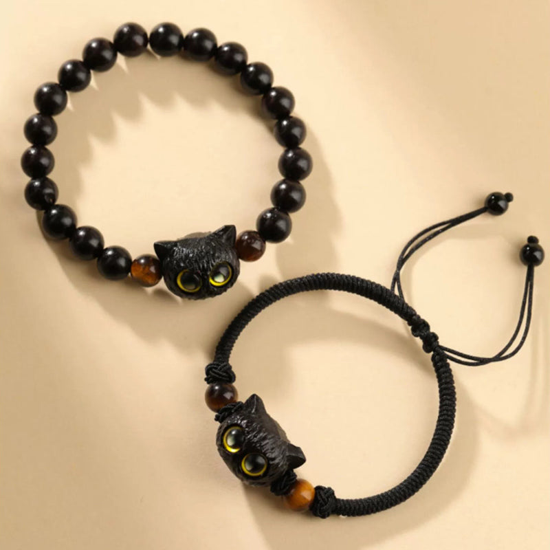 Bracelet tête de chat en bois d'ébène 8 mm pour la paix et l'équilibre
