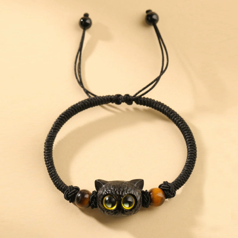 Bracelet tête de chat en bois d'ébène 8 mm pour la paix et l'équilibre