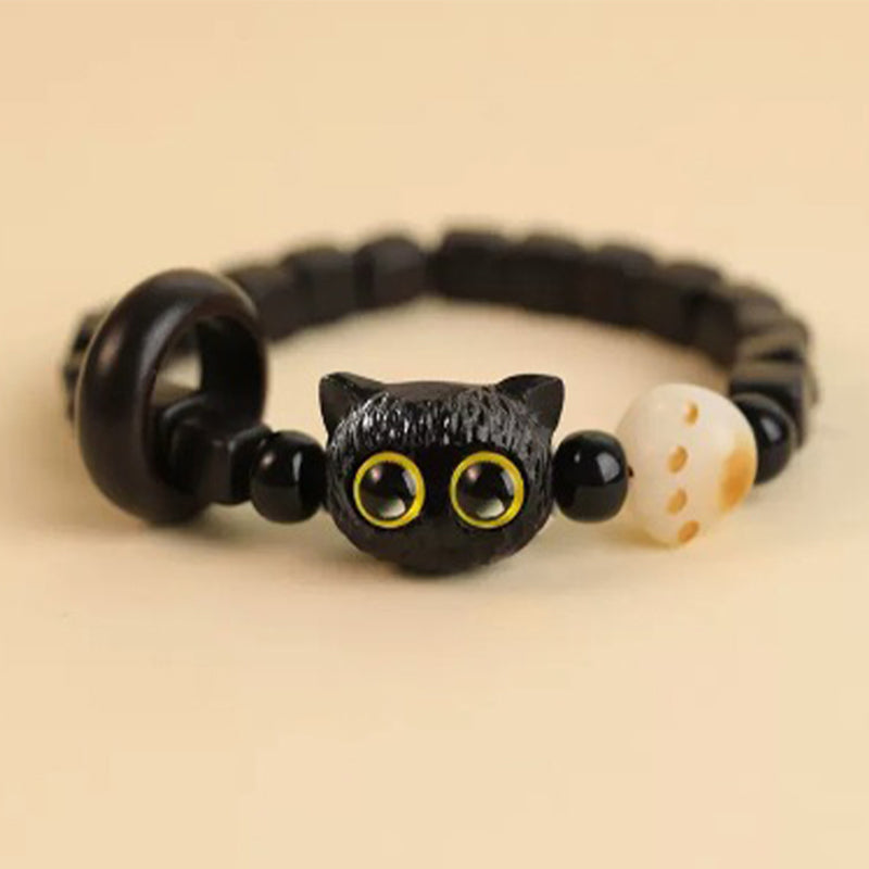 Bracelet tête de chat en bois d'ébène 8 mm pour la paix et l'équilibre