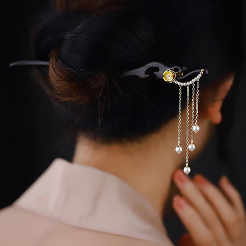 Épingle à cheveux chinoise en bois d'ébène avec pompons en perles jaunes