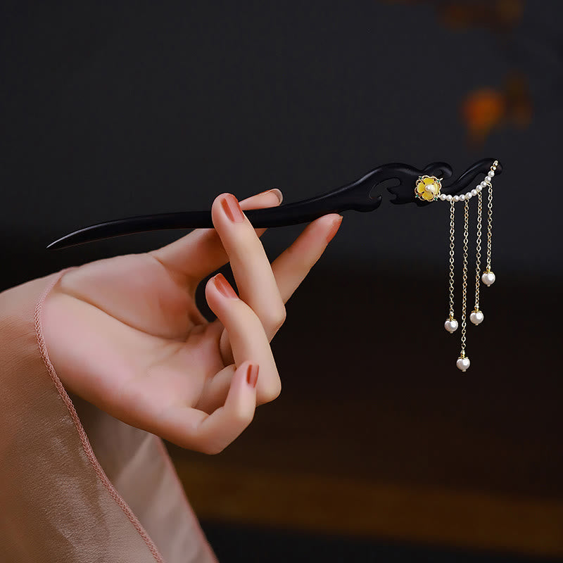 Épingle à cheveux chinoise en bois d'ébène avec pompons en perles jaunes