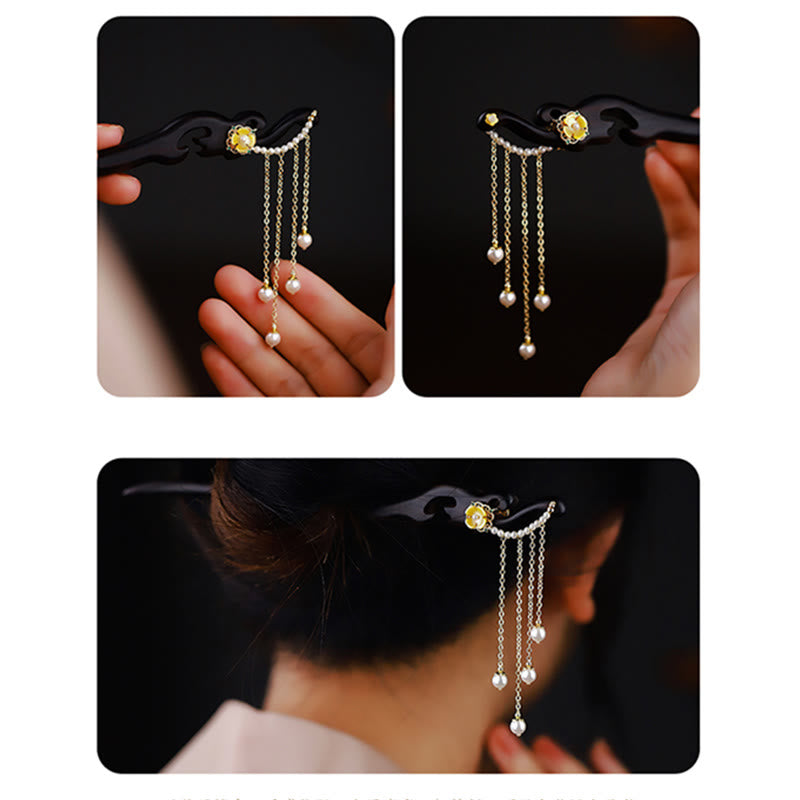 Épingle à cheveux chinoise en bois d'ébène avec pompons en perles jaunes