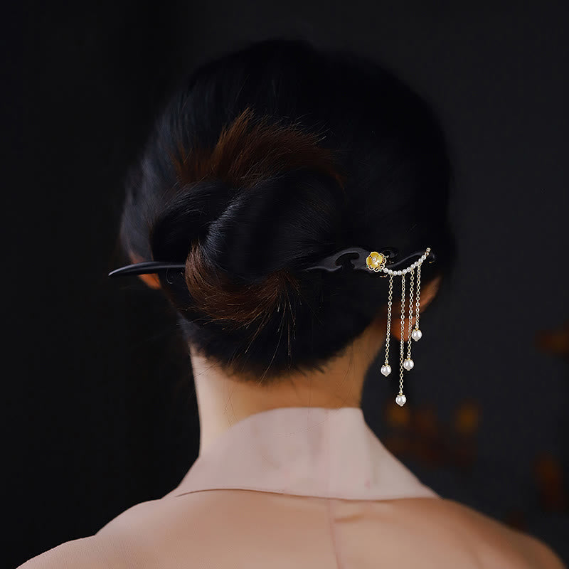 Épingle à cheveux chinoise en bois d'ébène avec pompons en perles jaunes