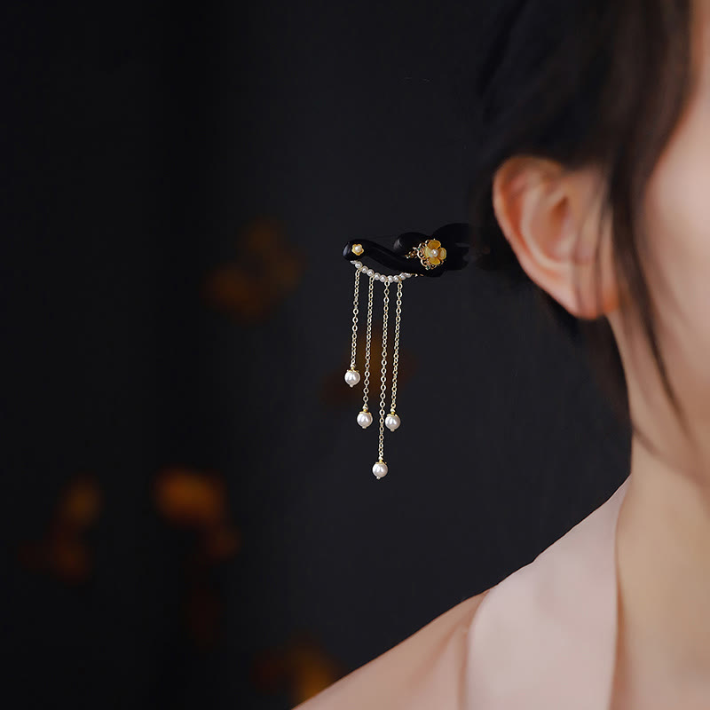 Épingle à cheveux chinoise en bois d'ébène avec pompons en perles jaunes