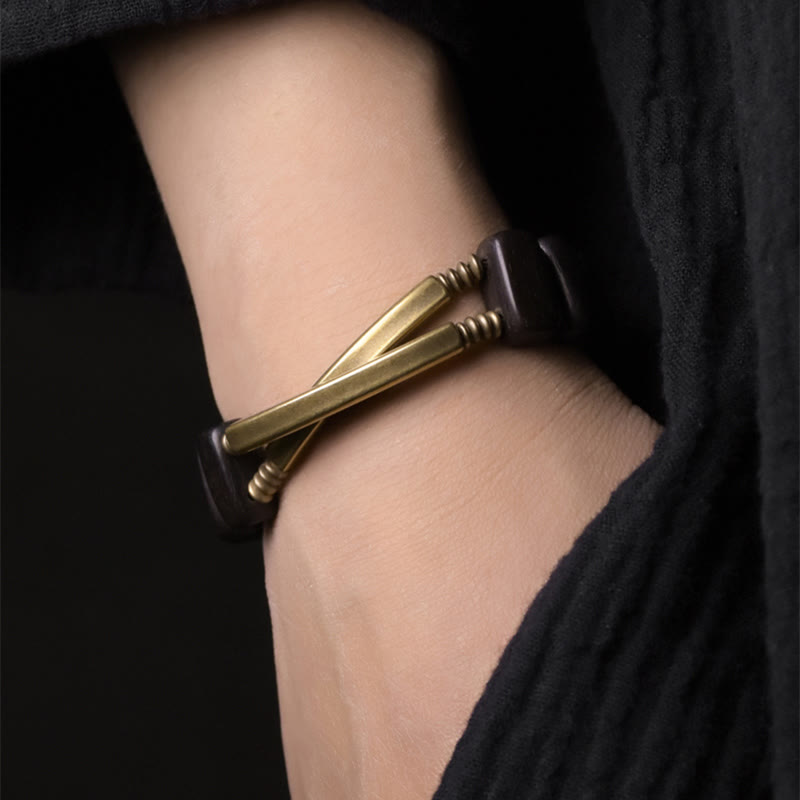 Bracelet spirituel double couche en bois d'ébène et cuivre