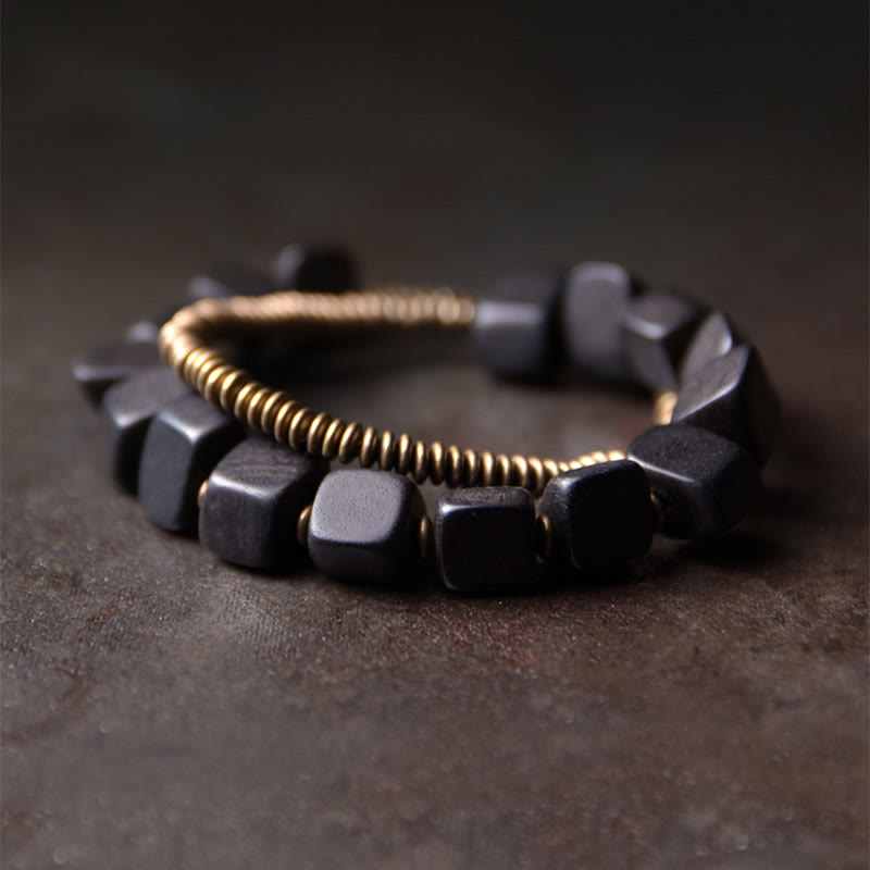 Bracelet spirituel double tour en bois d'ébène et cuivre Peace