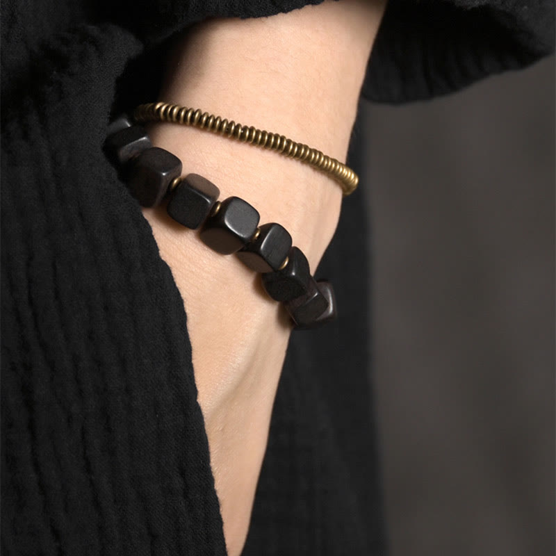 Bracelet spirituel double tour en bois d'ébène et cuivre Peace