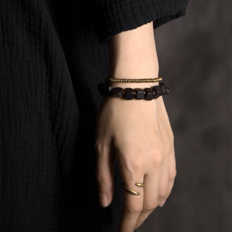 Bracelet spirituel double tour en bois d'ébène et cuivre Peace