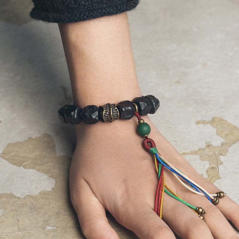 Bracelet Mala en bois d'ébène et cuivre pour la paix, 15-18 cm