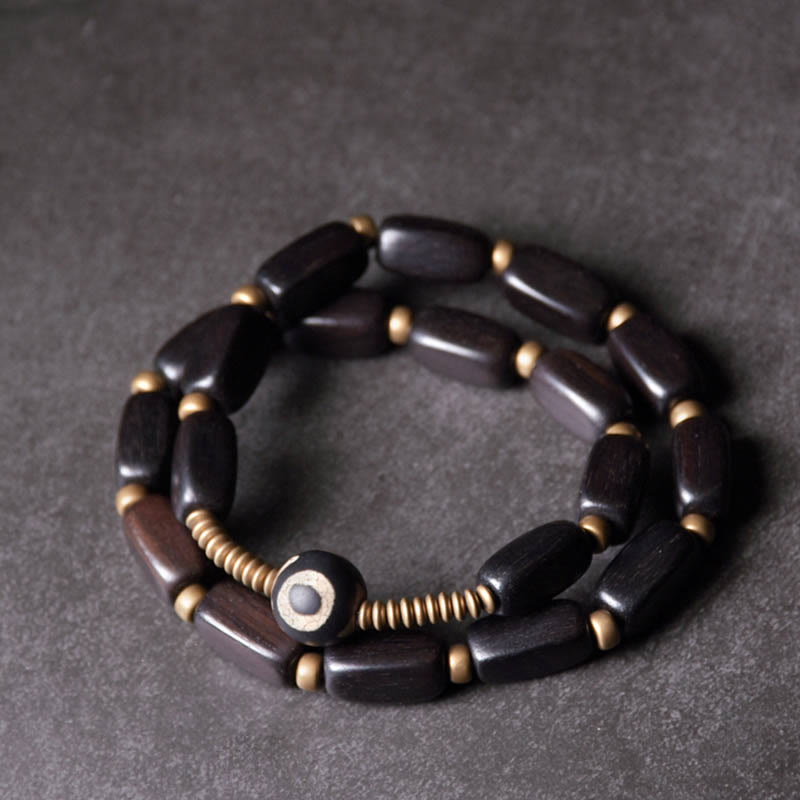 Bracelet double tour en bois d'ébène avec perles Dzi pour l'équilibre