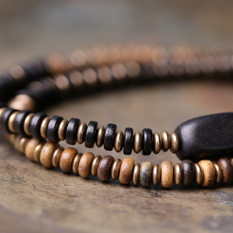 Bracelet double tour en bois d'ébène et bois de santal vert pour le calme