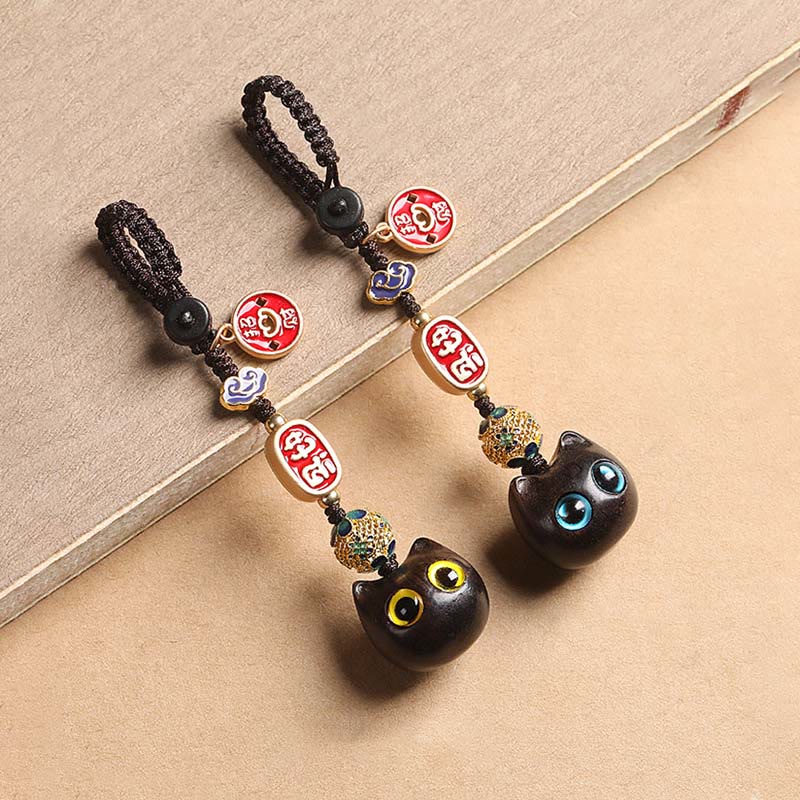 Porte-clés chat porte-bonheur en bois d'ébène avec breloque nuage de bon augure