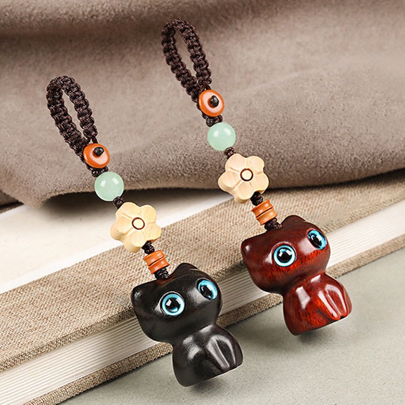 Porte-clés chat porte-bonheur en bois d'ébène pour la paix et l'équilibre spirituels