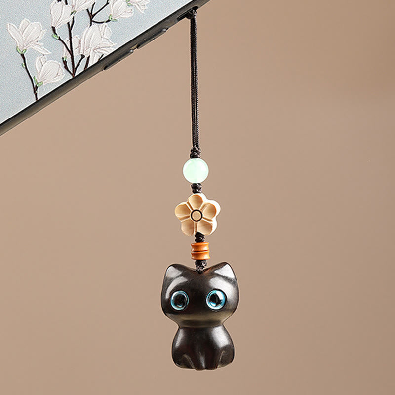 Porte-clés chat porte-bonheur en bois d'ébène pour la paix et l'équilibre spirituels