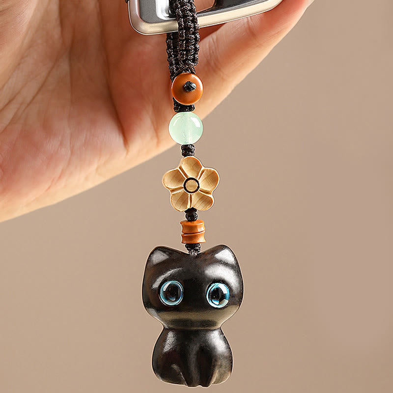 Porte-clés chat porte-bonheur en bois d'ébène pour la paix et l'équilibre spirituels