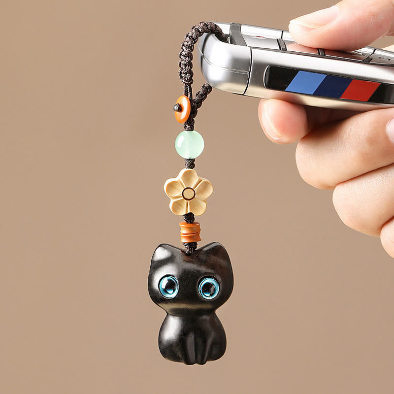 Porte-clés chat porte-bonheur en bois d'ébène pour la paix et l'équilibre spirituels