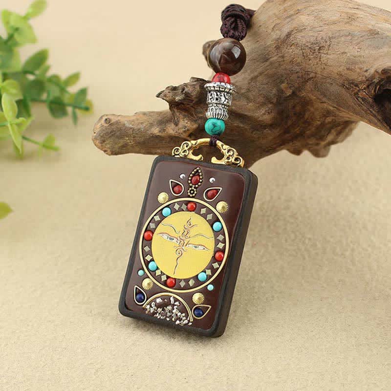 Collier pendentif en bois d'ébène avec cinq dieux de la richesse | Paix