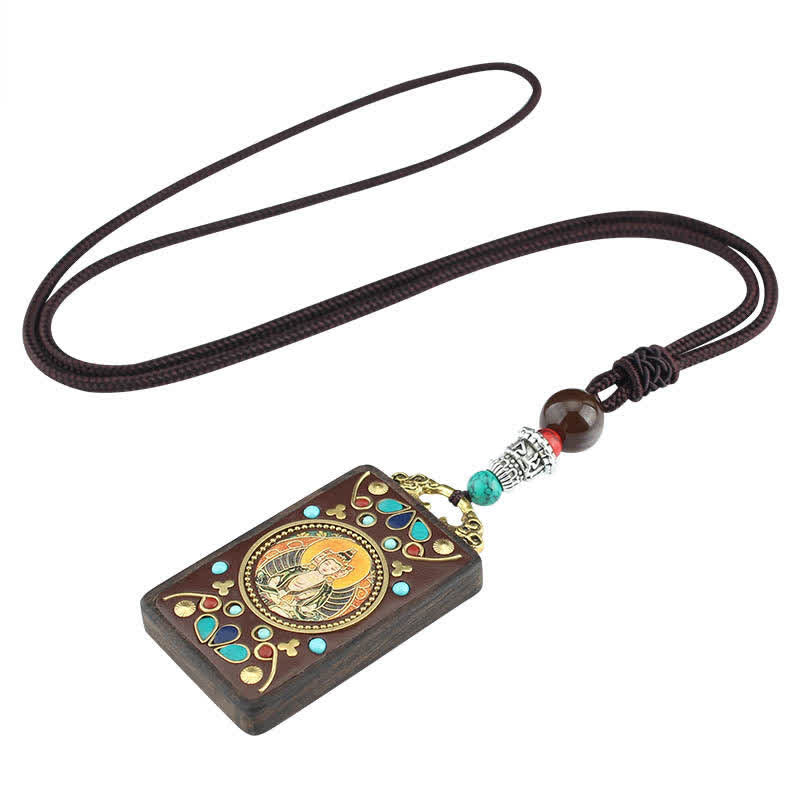 Collier pendentif en bois d'ébène avec cinq dieux de la richesse | Paix