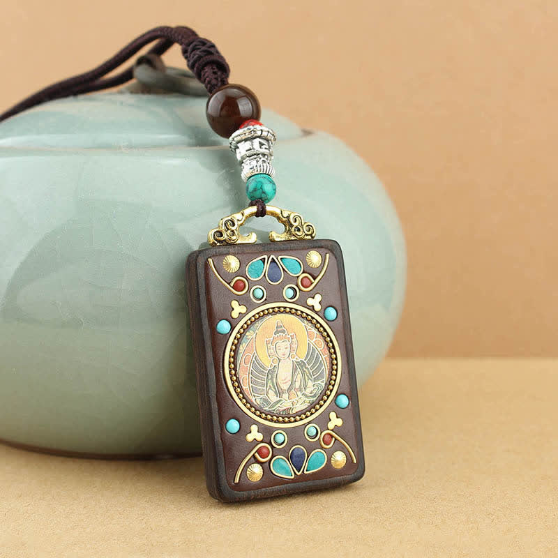 Collier pendentif en bois d'ébène avec cinq dieux de la richesse | Paix